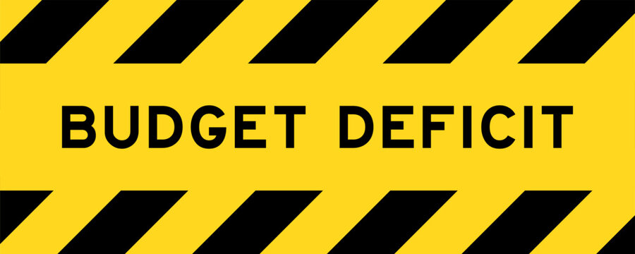 Yellow and black color with line striped label banner with word budget deficit