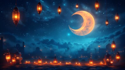 ramadan islamic greeting card of crescent moon decoration and lanterns with copy space area banner, advertising.