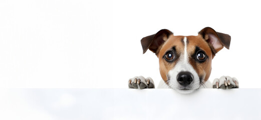 Jack russell terrier peeking from behind a white banner.