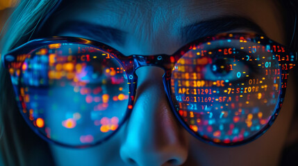 Data analysis with a woman in goggles, delving into complex coding and highlighting the digital framework, algorithm, and insight for innovative automation in a virtual environment.