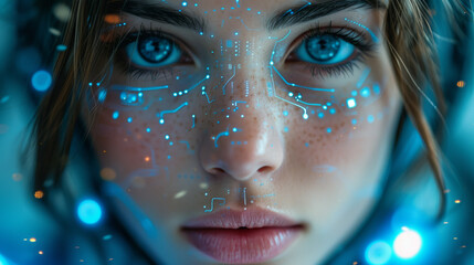 Experience the futuristic allure of a cyberpunk city with an attractive female cyborg, blending modern fashion, neon lights, and advanced technology in a visionary portrait of beauty and innovation. - obrazy, fototapety, plakaty