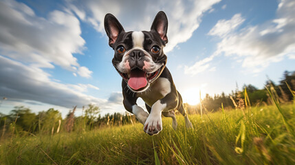 dog, Boston running running on a grass 