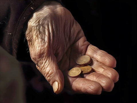 Pleading hand of an old man with a pair of coins.