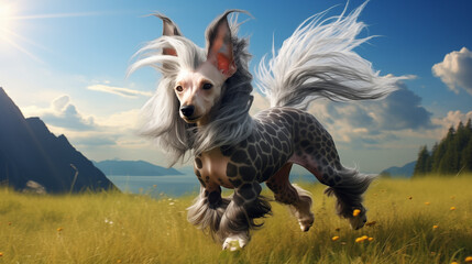 dog, Chinese Crested running running on a grass 