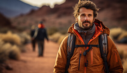 Young adult male hiking in the mountain generated by AI