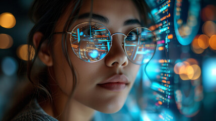 Data analysis with a woman in goggles, delving into complex coding and highlighting the digital framework, algorithm, and insight for innovative automation in a virtual environment.