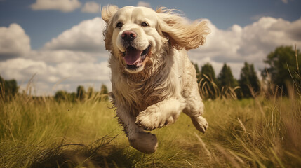 dog, Clumber running running on a grass 