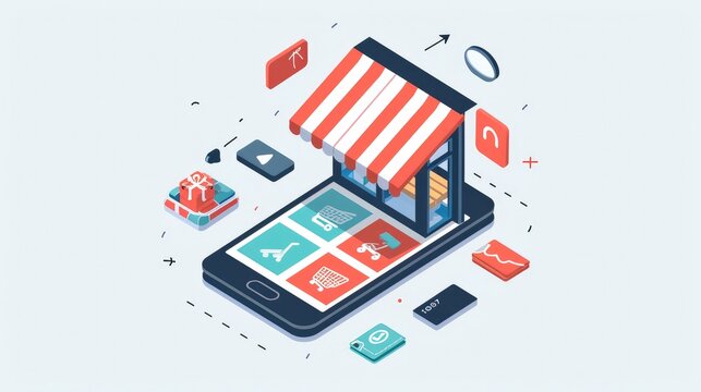 Visualization of a smartphone's journey through an online store, with step-by-step illustrations of browsing, selecting, and securely checking out, Educational and engaging design