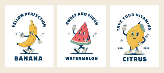 Set of retro cartoon watermelon, banana, lemon characters print, poster. Vintage tropical fruit, citrus mascot vector illustration. © Nadezhda Mih