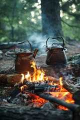 Two camping kettles over burning campfire - obrazy, fototapety, plakaty