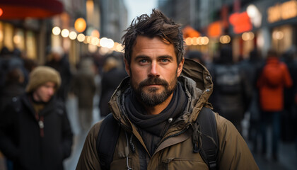 Fototapeta premium Young adult man walking in the winter city generated by AI