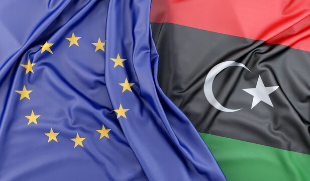 Ruffled Flags of European Union and Libya. 3D Rendering