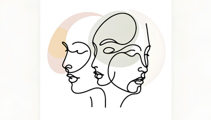 Continuous line art featuring three abstract faces