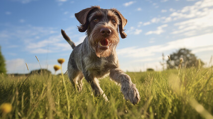 Dog, German Wirehaired running on the grass - obrazy, fototapety, plakaty