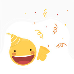 Yellow face emoji with a big smile, a party hat and confetti popper in his hand. Emoticon Happy birthday, social media template, vector illustration
