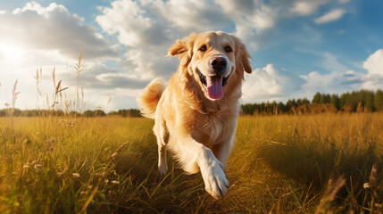 Dog, Golden Retriever running on the grass