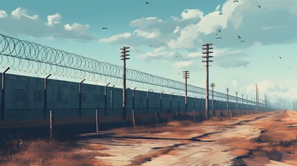 Prison security fence. Barbed wire security fence. Razor wire jail fence. Barrier border. Boundary security wall. Prison for arrest criminals or terrorists. Private area. Military zone concept.
