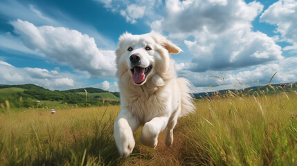 Obraz premium dog, Great Pyrenees running on a grass 