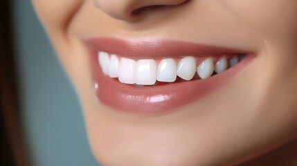 Obraz premium Closeup of beautiful young woman smile with healthy teeth. Teeth whitening concept.
