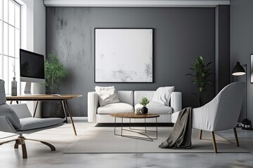 gray walls, a white sofa and chair, a laptop on a coffee table, and a horizontal poster can all be seen in this side view of a living room