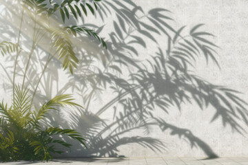 Beautiful shadows of a tropical tree on a blank concrete wall.