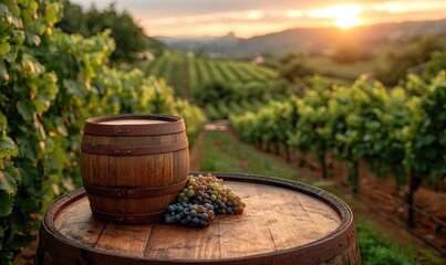 Wooden wine barrel on a background with vineyards.