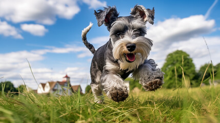 dog, Miniature Schnauzer running on a grass