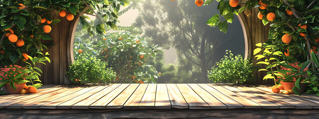 3d stage in the garden with plants and fruit in
