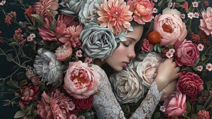Beautiful girl in a wreath of flowers on a dark background