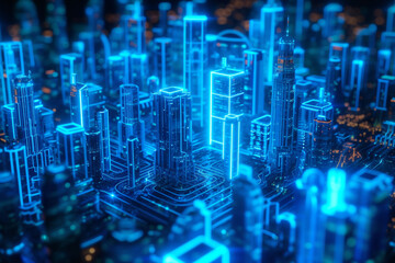 neon light blue virtual cityscape