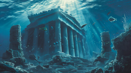 ancient greek temple underwater scene. - obrazy, fototapety, plakaty