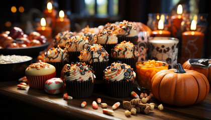 Homemade spooky cupcakes decorate Halloween party table generated by AI