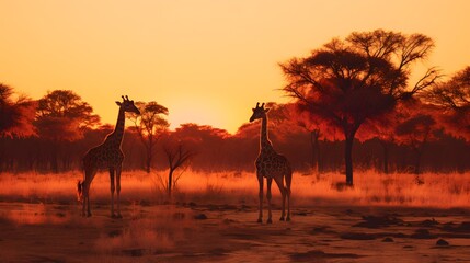 Giraffes in the savannah at sunset. The beauty of wildlife.