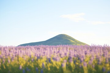 Obraz premium distant view of a hill covered in lavender blooms under clear sky
