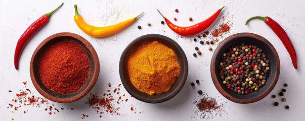 Various colorful spices and herbs are arranged in a neat row on a white background.	
