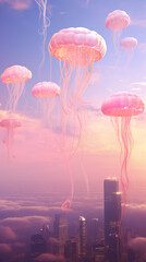 Jellyfish floating in the air with city background.