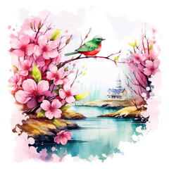  Bird standing on flower branch watercolor paint.