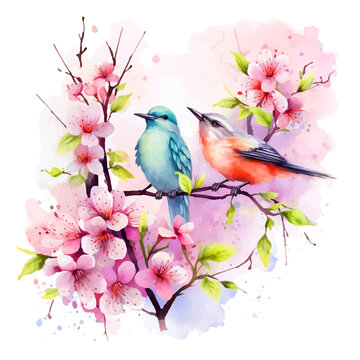 Birds standing on flower branch watercolor paint