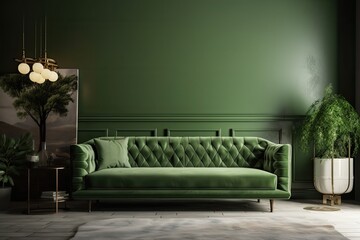 couch with copy space in a green living room