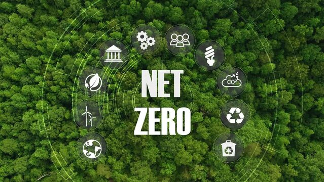 Net zero , carbon neutral concept. Net zero greenhouse gas emissions target. Green forest landscape.Long term strategy with net zero icon and icons on circles background.4k footage