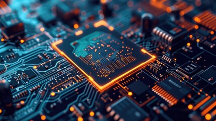 Obraz premium Close-up of a phone's AI chip processor, surrounded by digital representations of security algorithms and data encryption