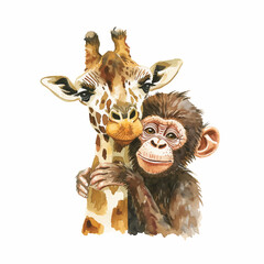 Cute monkeys with giraffe watercolor paint 