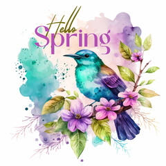  Hello spring bird watercolor paint 