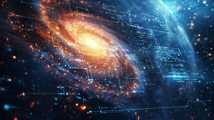 Amazing spiral galaxy with physical and mathematical signs and equations in high resolution and high quality. universe concept