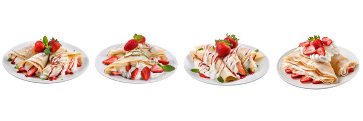 Set of A delicious triangle Homemade crepes, filling White crema, fresh sliced strawberry, clean plate, solid on a Transparent Background