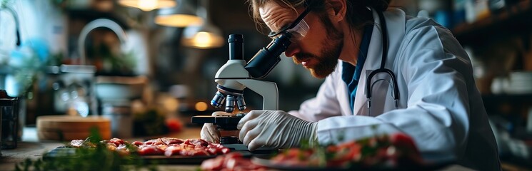 A laboratory assistant analyzes pieces of meat under a microscope. examination of food samples. Checking the steaks. Protein food Concept: Analysis of meat composition. Food technology.
