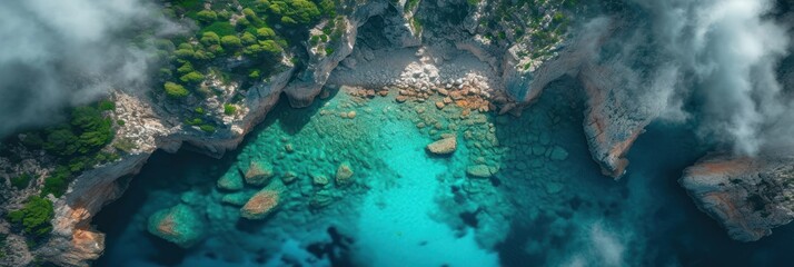 Mystical Hidden Cove: Aerial View of a Secluded Turquoise Bay Amidst Rocky Cliffs