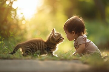 cute baby and little baby cat sniffing each other face to face on a nice warm sunny day