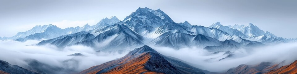 Mystic Peaks: A Panoramic View of Snow-Capped Mountains Amidst Clouds