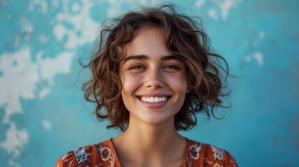 Portrait of a young cheerful woman with curly brown hair in front of a weathered light blue wall
